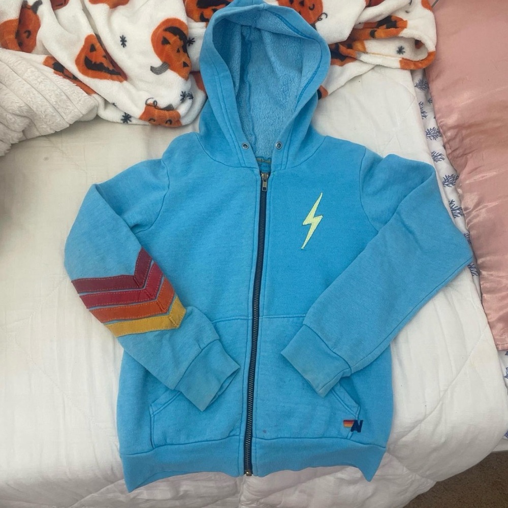 Aviator Nation Blue Hoodie with Lightning Bolt and Stripes